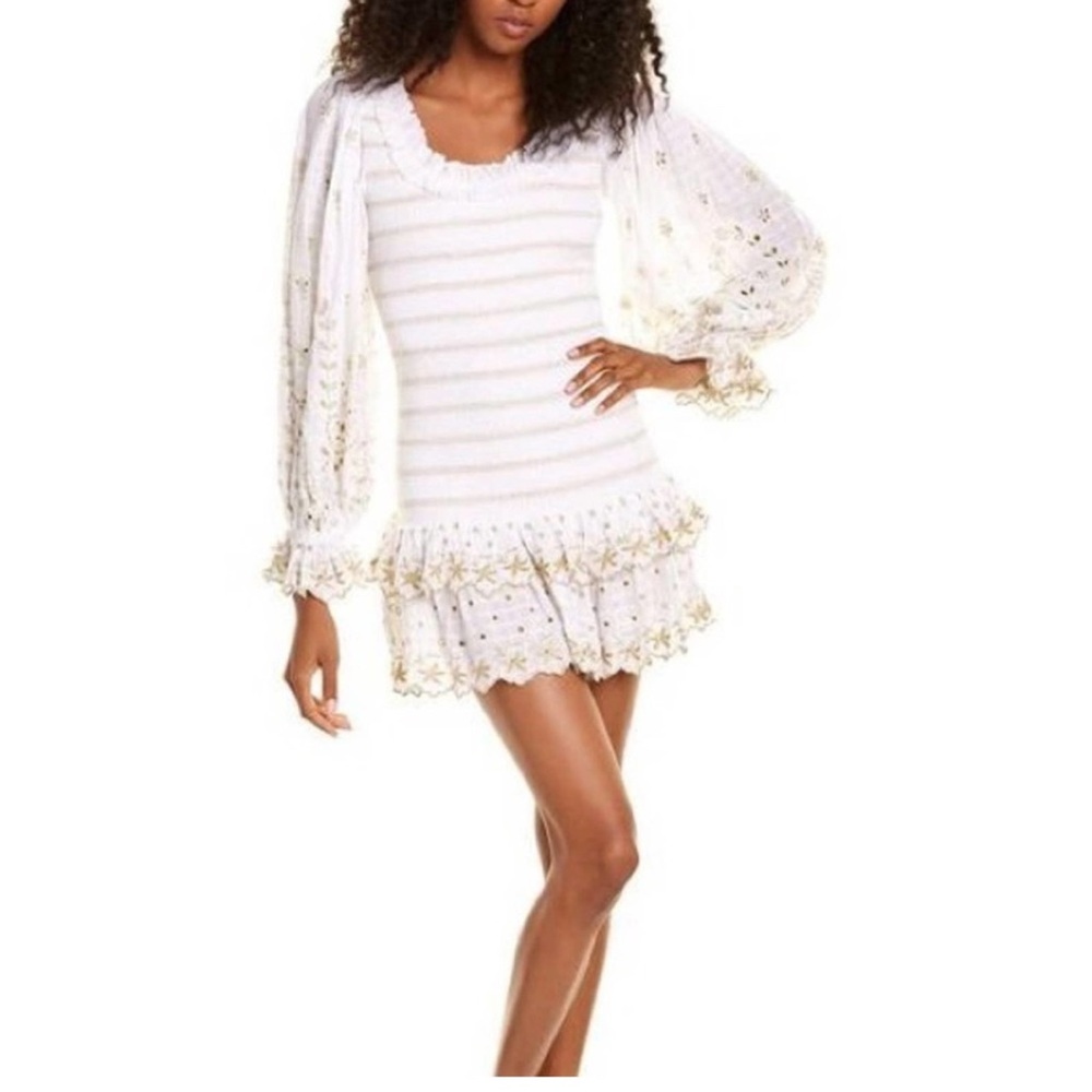 LOVE SHACK FANCY White and Gold Striped Dress with Floral Accents
